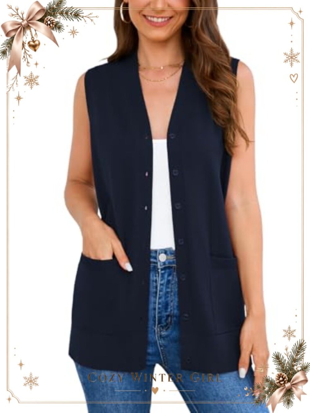 Sleeveless Knit Cardigan Button Down V Neck Casual Waistcoat with Pockets